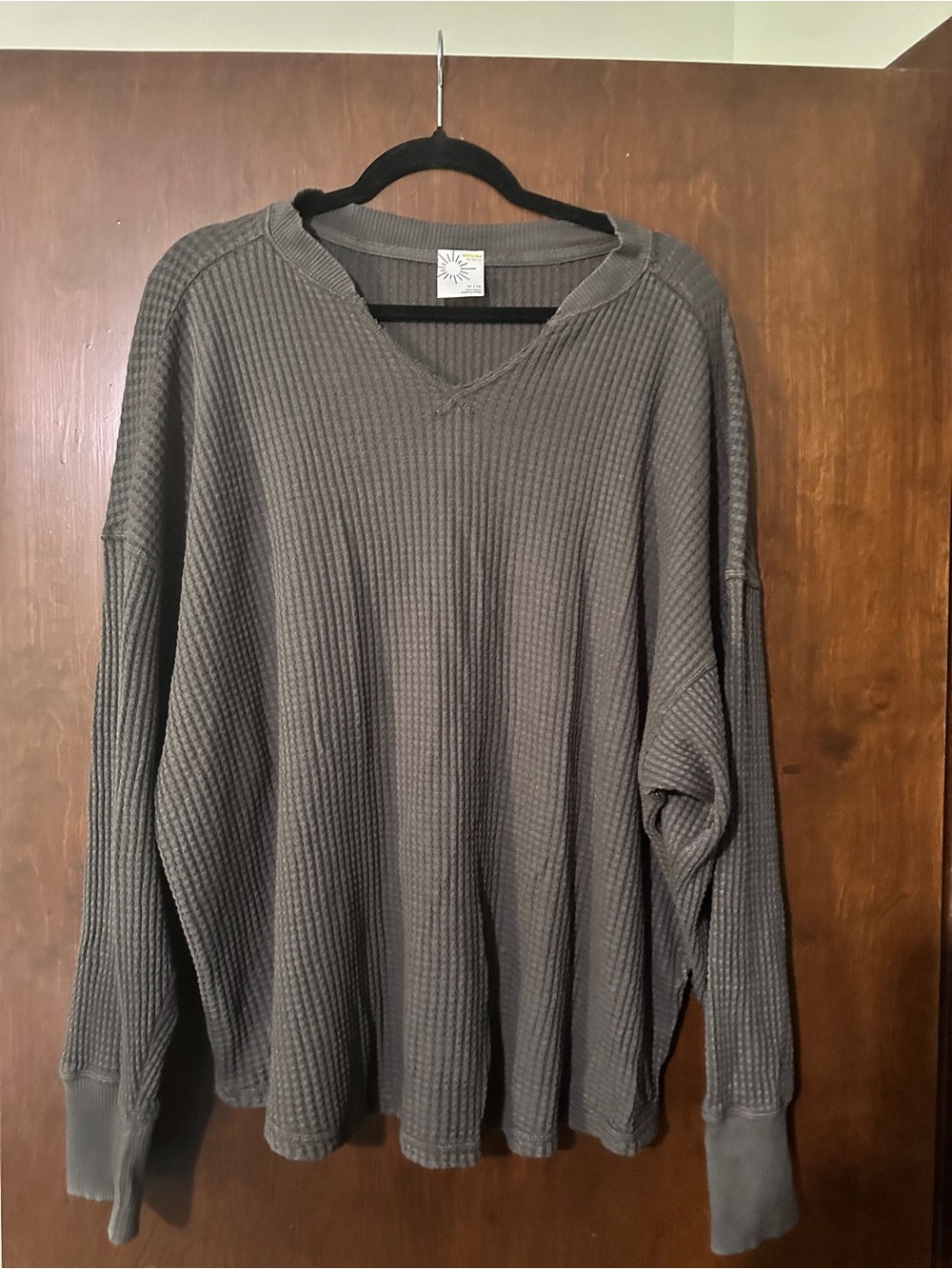 Waffle-Knit Long Sleeve Tee - Charcoal